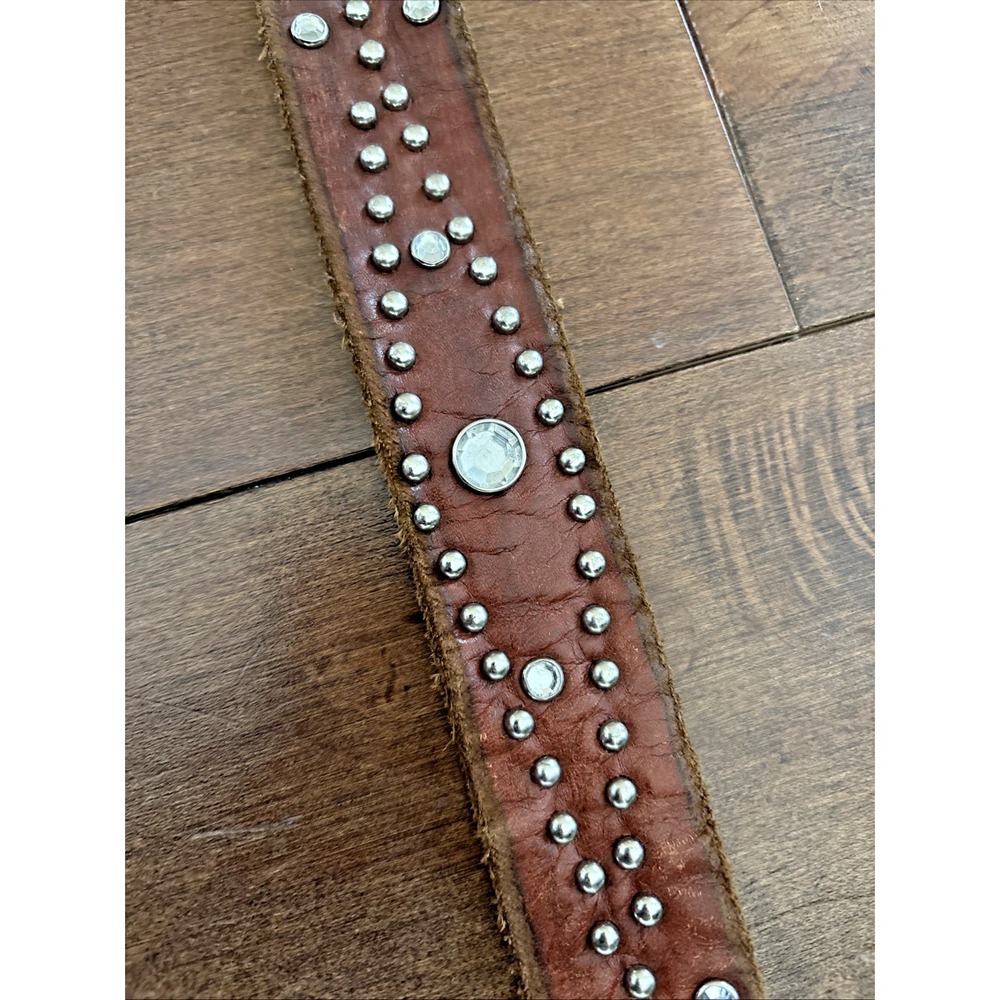 American Eagle Brown 100% Leather Belt Western Hippy Studded Womens M Rhinestone - Picture 7 of 16